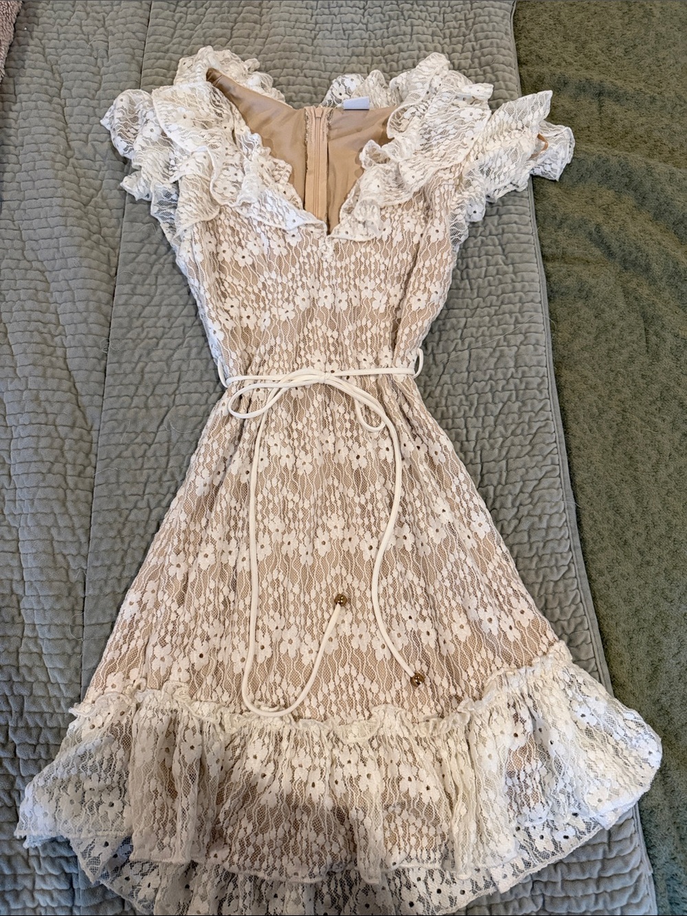 Selfie Leslie Cream Lace Ruffle Mini Dress